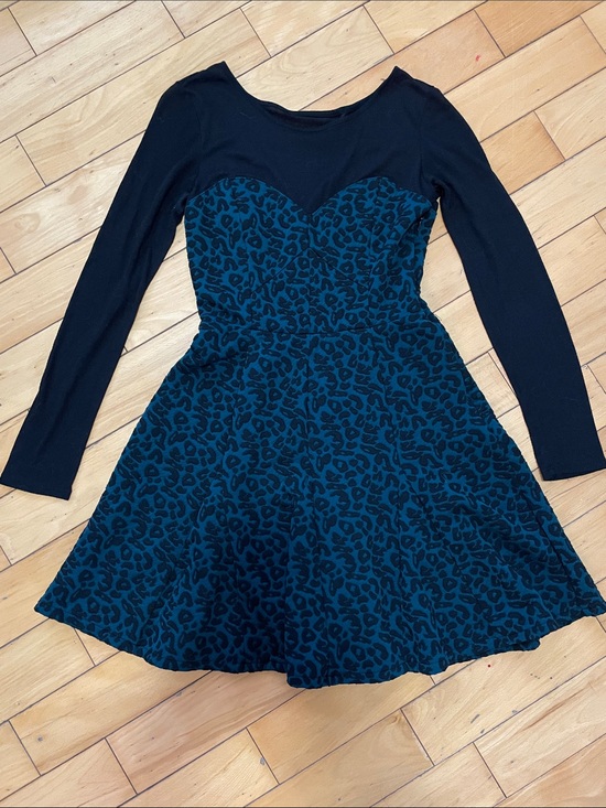 Dynamite Dresses & Skirts - Dynamite Black Bodice Teal Leopard Fit & Flare Long Sleeve Dress